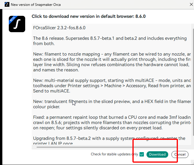 The update notification dialog