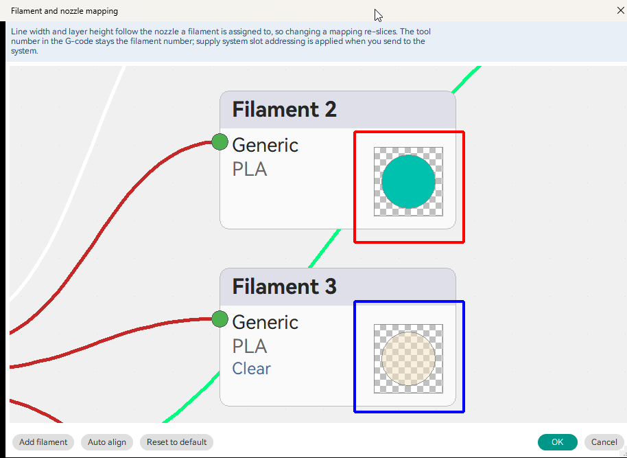 Translucent filament swatches in the map window