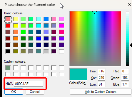 The HEX field in the filament colour dialog